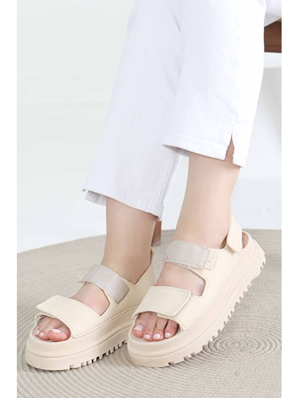 Kadın Bej Cırt Cırtlı Sandalet - 27419 - Görsel 3