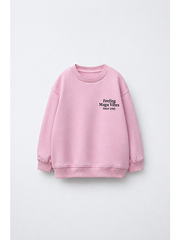 Magu Kız Çocuk Pamuklu Minimal Yazı Baskılı Pembe Sweatshirt