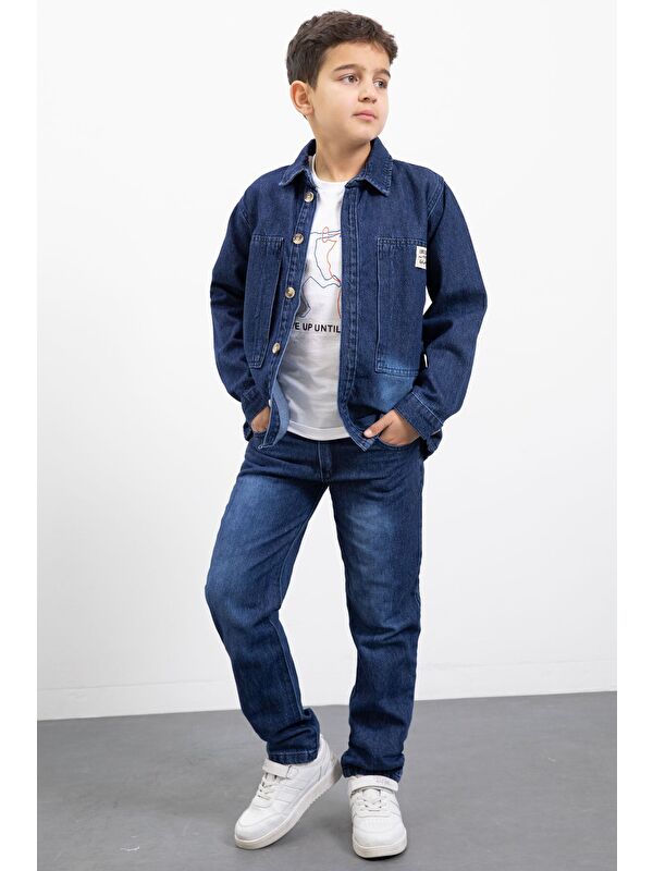 Cansın Mini Lacivert Armalı Jean Gömlekli Erkek Çocuk Pantolonlu 3lü Jean Takım 23470