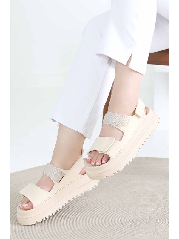 Kadın Bej Cırt Cırtlı Sandalet - 27419 - Görsel 6