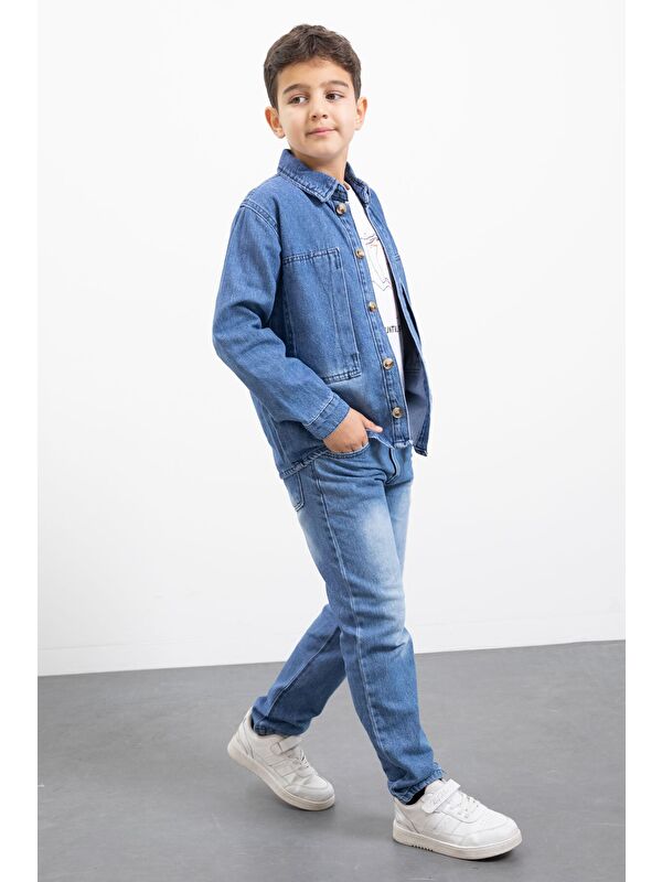 Cansın Mini Mavi Armalı Jean Gömlekli Erkek Çocuk Pantolonlu 3lü Jean Takım 23469