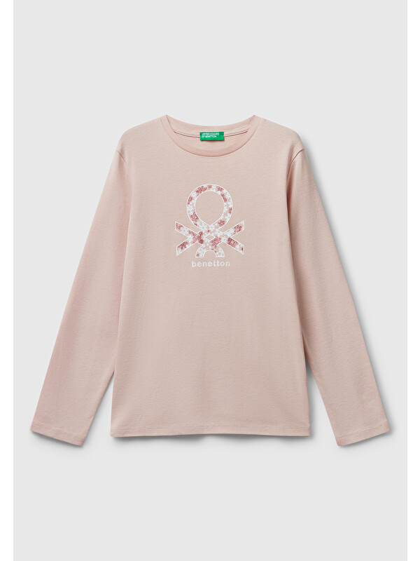 United Colors Of Benetton Kız Çocuk Toz Pembe Parıltılı Logo Baskılı Regular Fit Uzun Kollu T-shirt