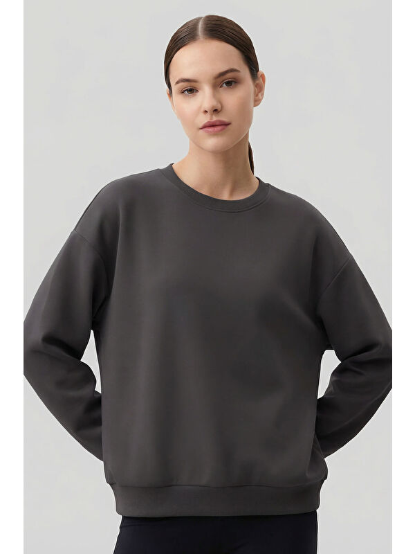 Tommylife Koyu Gri Basic O Yaka Oversize Kadın Sweatshirt - 97053