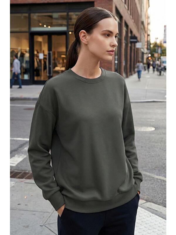 Tommylife Haki Basic O Yaka Oversize Kadın Sweatshirt - 97053