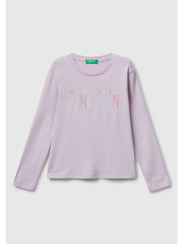 United Colors Of Benetton Kız Çocuk Lila Önü Parıltılı Logo Baskılı Slim Fit Uzun Kollu T-shirt