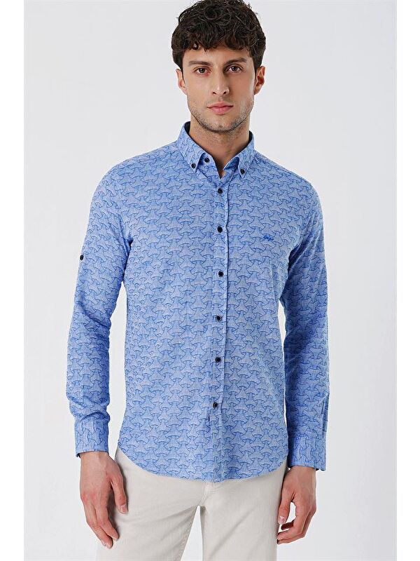 İMZA Mavi Kısalabilir Kollu Desenli  %100 Pamuk Casual Slim Fit Gömlek 1004230181