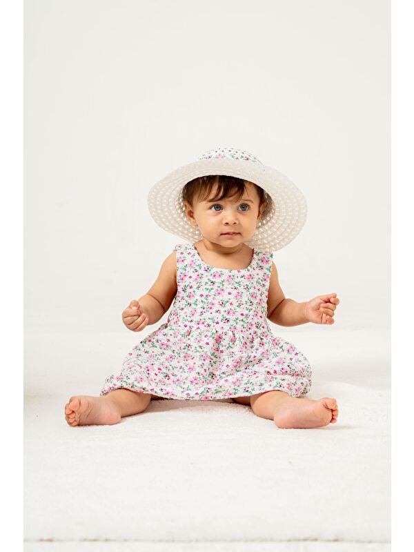 Chicsy Baby Tatlı Çiçek Desenli Şapkalı Fiyonklu Kız Bebek Elbisesi
