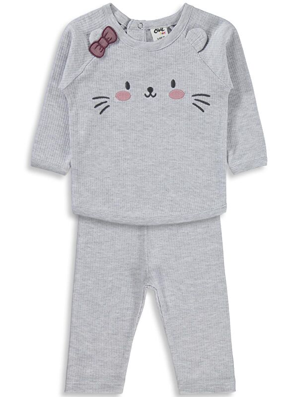 Civil Baby Kuyruk ve Kedi Baskılı 6-18 Ay Takım - Bej 6-9 Ay