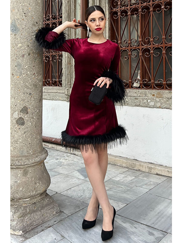 Gülseli Kadın Tüy Detaylı Kloş Mini Elbise