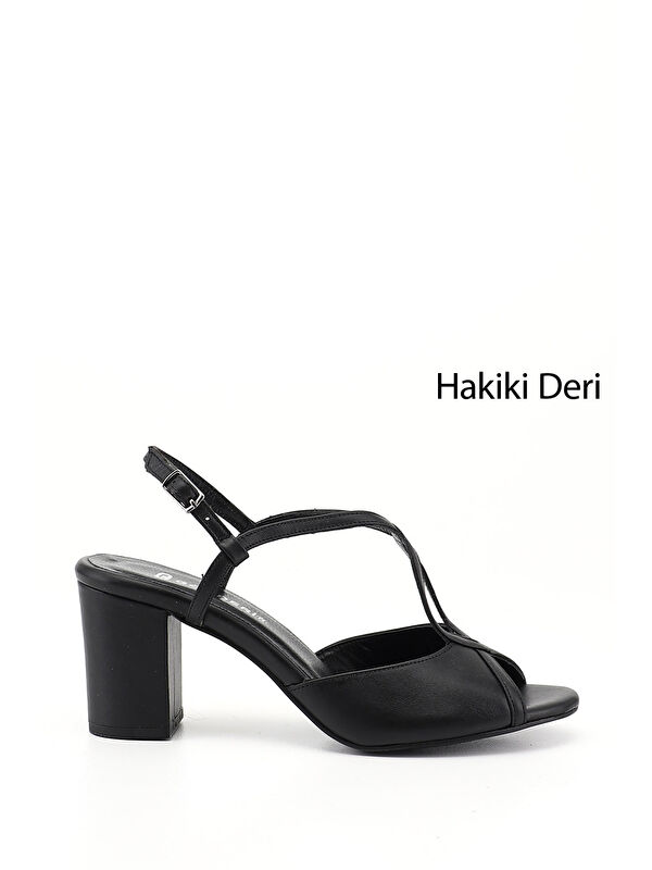 GÖNDERİ(R) Kadın SİYAH Kalın Topuklu Arkası Açık Hakiki Deri Sandalet