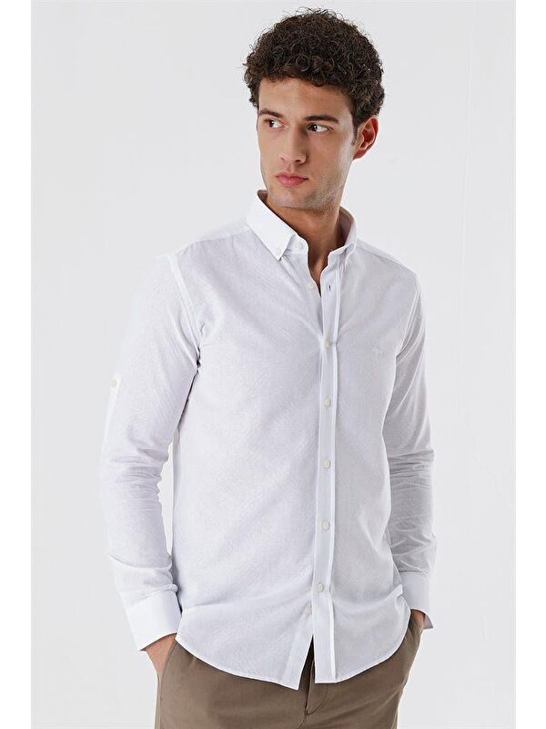 İMZA Beyaz Kısalabilir Kollu Desenli  %100 Pamuk Casual Slim Fit Gömlek 1004230182