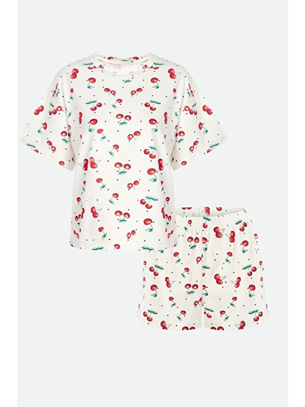 Koza İç Giyim Kadın Kiraz Desenli Kısa Kollu Şortlu Pijama Takımı