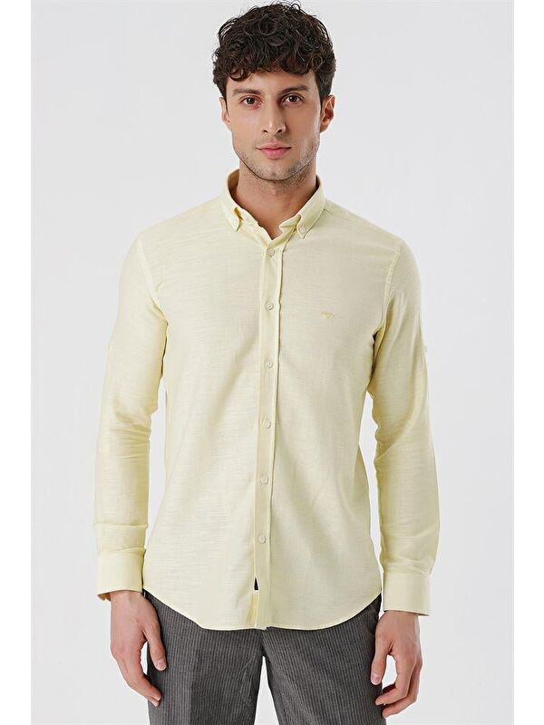 İMZA Sarı Kısalabilir Kollu Gabardin Cepsiz %100 Pamuk Casual Slim Fit Dar Kesim Gömlek 1004230180