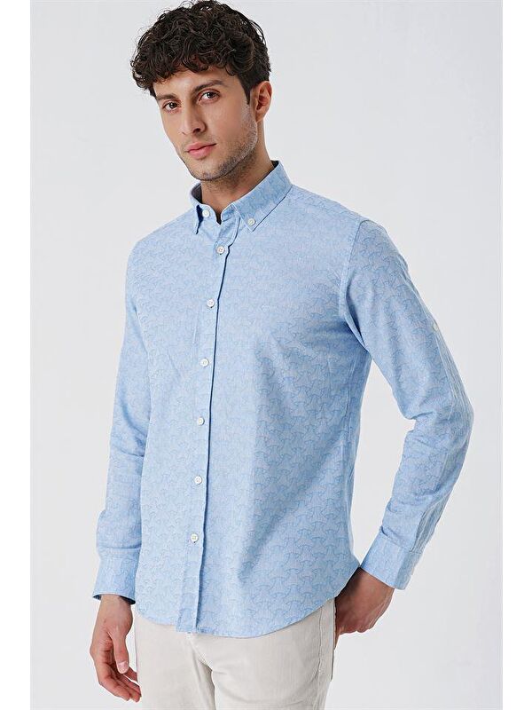 İMZA Koyu Mavi Kısalabilir Kollu Desenli  %100 Pamuk Casual Slim Fit Gömlek 1004230181