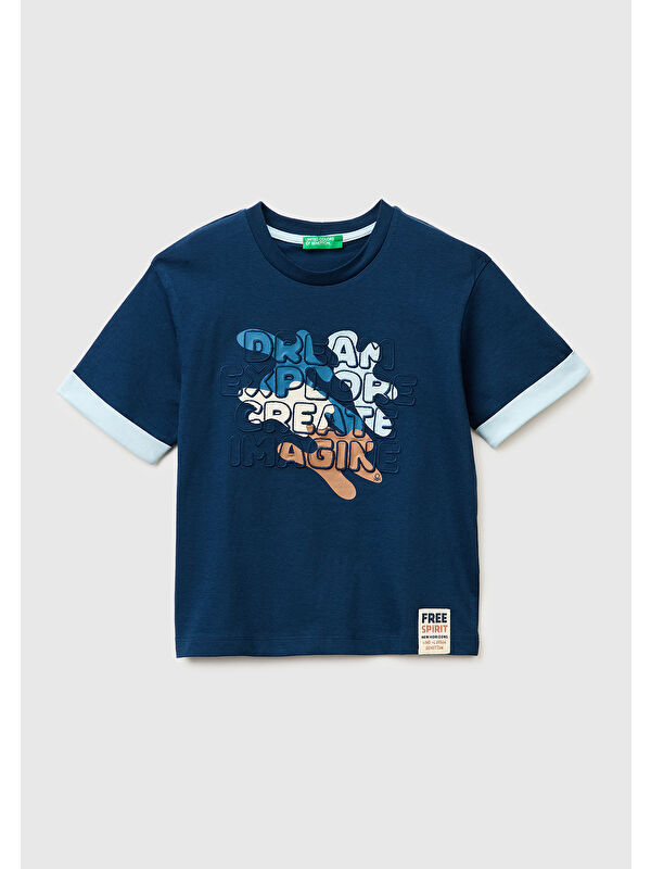 United Colors Of Benetton Erkek Çocuk Koyu Lacivert Etek Ucu Etiketli Baskılı Bisiklet Yaka T-Shirt