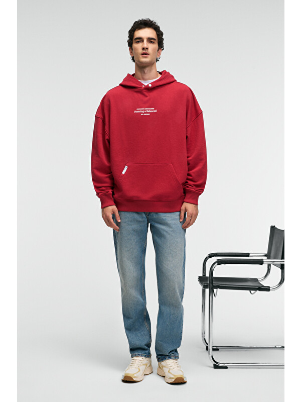 GRIMELANGE CLAY Erkek %100 Pamuk Kapüşonlu Çıtçıtlı Baskılı Cebi Süs Etiketli KIRMIZI Sweatshirt