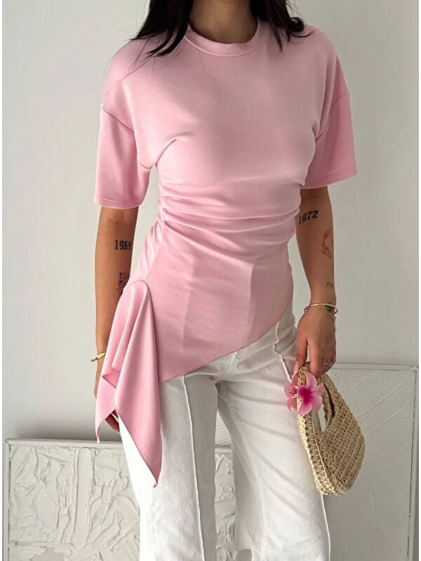 carla10 Pembe Asimetrik Drapeli Modern Basic Bluz