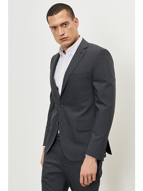 Altınyıldız Classics Erkek Koyu Gri Slim Fit Dar Kesim Mono Yaka Kareli Takım Elbise