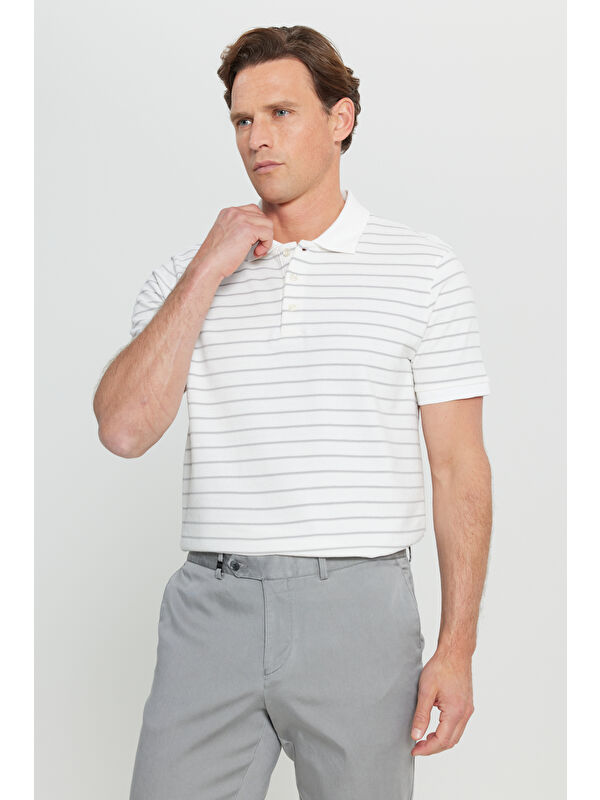 Altınyıldız Classics Erkek Beyaz-Gri Pamuklu Slim Fit Dar Kesim Polo Yaka Tişört