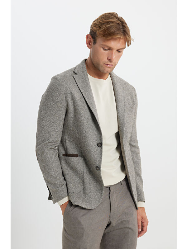 Altınyıldız Classics Erkek Kahve-Bej Slim Fit Dar Kesim Mono Yaka Desenli Torba Cepli Yün Blazer Ceket