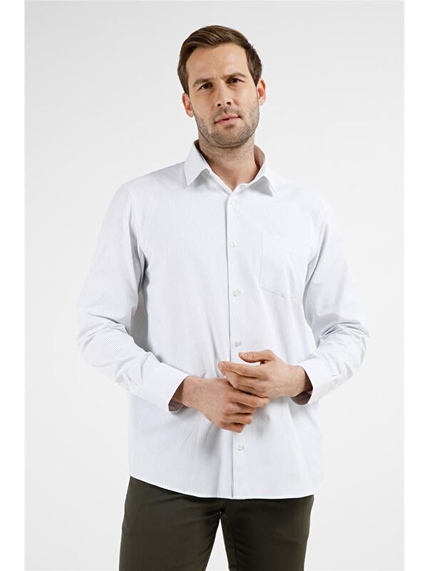 İMZA Beyaz  Sert Yaka Uzun Kol Cepli Comfort Fit Pamuklu Gömlek 1004255211