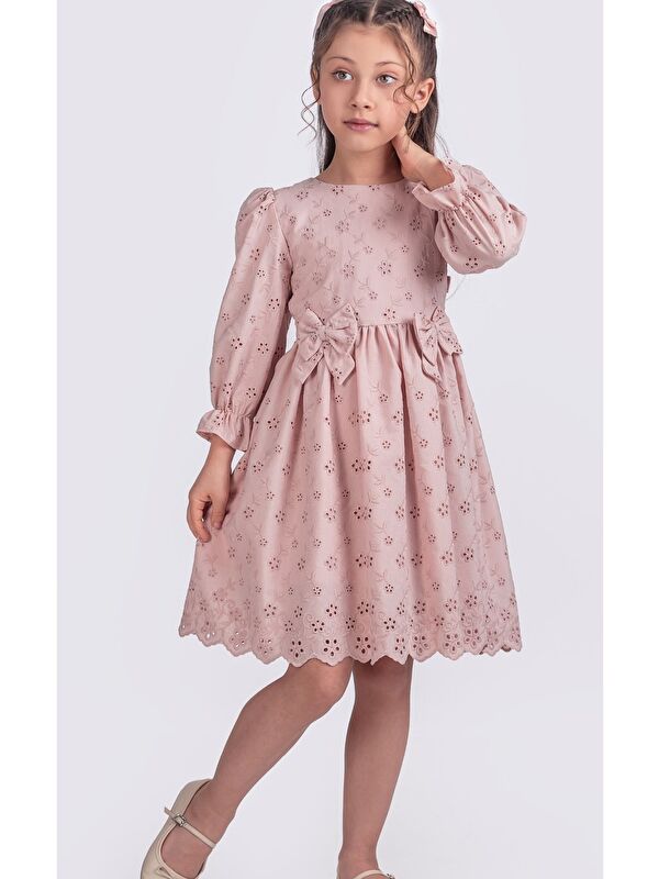 Pina Kids Kız Çocuk Lastikli Uzun Kollu Güpürlü Kurdelalı Elbise ELB2674