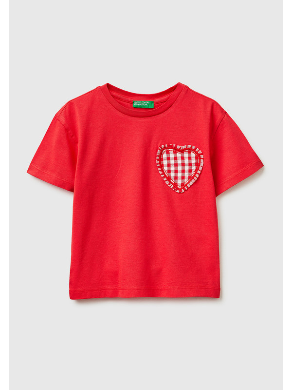 United Colors Of Benetton Kız Çocuk Kırmızı Aplike İşlemeli Kısa Kollu Bisiklet Yaka T-Shirt