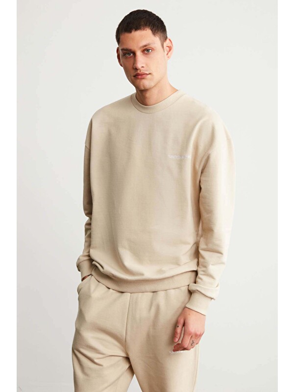 GRIMELANGE Raırok Erkek İçi Polarlı Comfort Bej Oversize Nakışlı BEJ Sweatshirt
