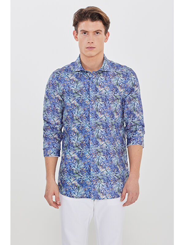 AC&Co / Altınyıldız Classics Erkek Lacivert-Yeşil %100 Pamuk Slim Fit Büyük İtalyan Yaka Baskılı Gömlek