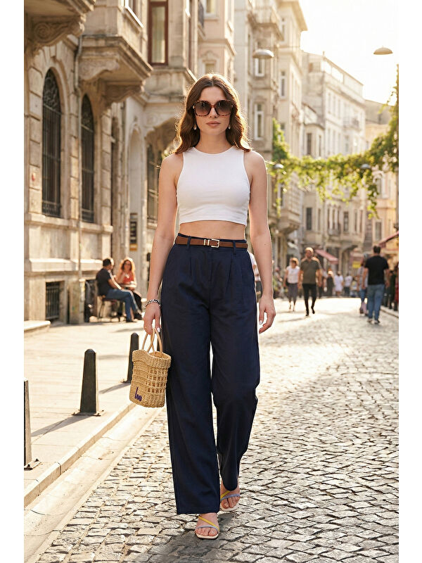 Lela Pamuklu Wide Leg Yüksek Bel Geniş Paça Kemerli Kadın Pantolon 668YP5429