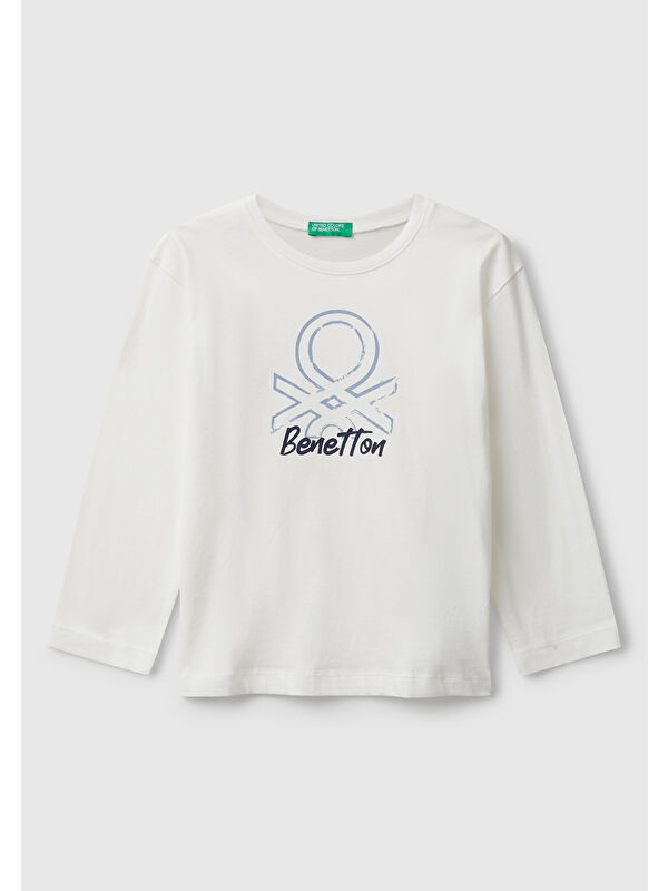 United Colors Of Benetton Erkek Çocuk Ekru Organik Pamuklu Önü Logo Baskılı Uzun Kollu Jarse T-shirt