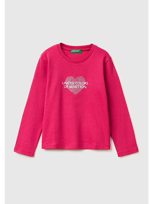United Colors Of Benetton Kız Çocuk Koyu Pembe Simli Renkli Grafik Baskılı Yuvarlak Yaka Uzun Kollu T-Shirt