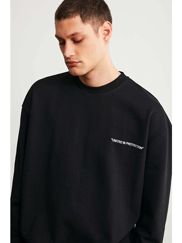 GRIMELANGE Raırok Erkek İçi Polarlı Comfort Bej Oversize Nakışlı SİYAH Sweatshirt