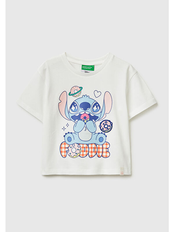 United Colors Of Benetton Kız Çocuk Beyaz Baskılı Yama Detaylı Etek Ucu Logo Detaylı T-Shirt