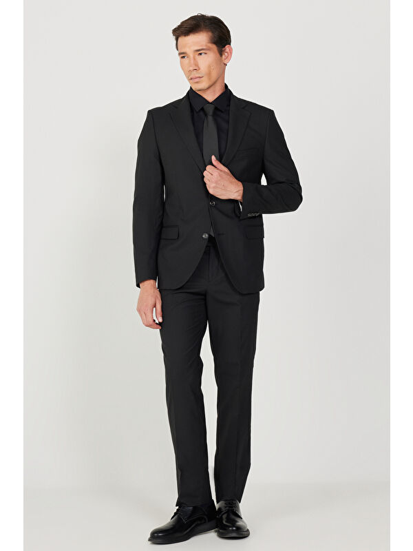 AC&Co / Altınyıldız Classics Erkek Siyah Su Geçirmez Slim Fit Dar Kesim Mono Yaka Yünlü Nano Takım Elbise
