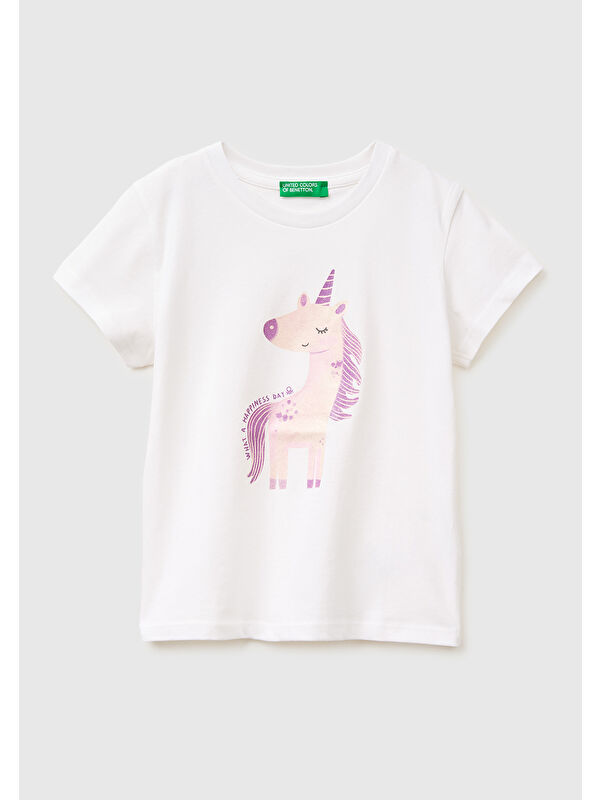 United Colors Of Benetton Kız Çocuk Beyaz Simli Su Bazlı Baskılı Bisiklet Yaka T-Shirt