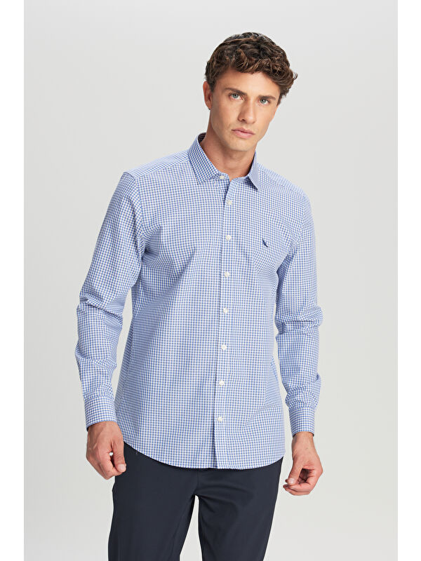 AC&Co / Altınyıldız Classics Erkek Mavi-Gri Ütü Gerektirmeyen %100 Pamuk Slim Fit Klasik Yaka Armürlü Gömlek