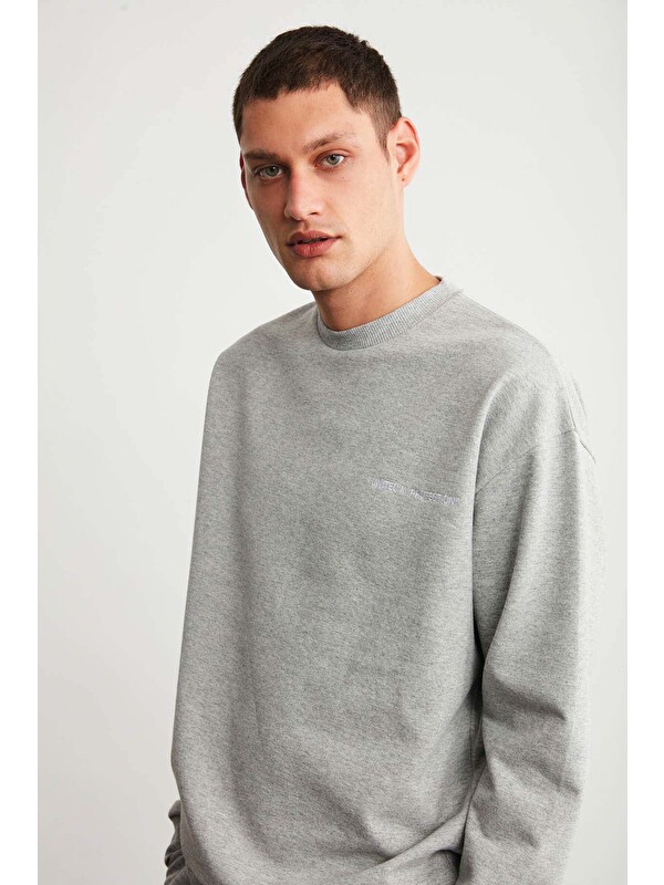 GRIMELANGE Raırok Erkek İçi Polarlı Comfort Bej Oversize Nakışlı GRİ MELANJ Sweatshirt