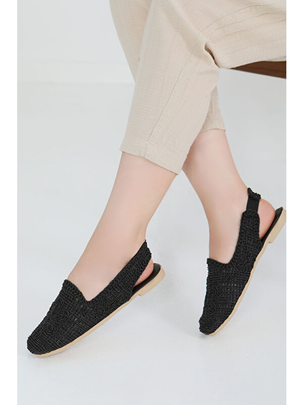 Kadın Siyah Nakış Hasırlı Sandalet - 27482 - Görsel 3