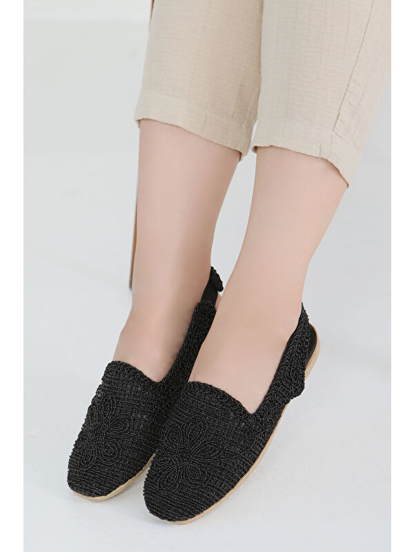 Kadın Siyah Nakış Hasırlı Sandalet - 27482 - Görsel 4