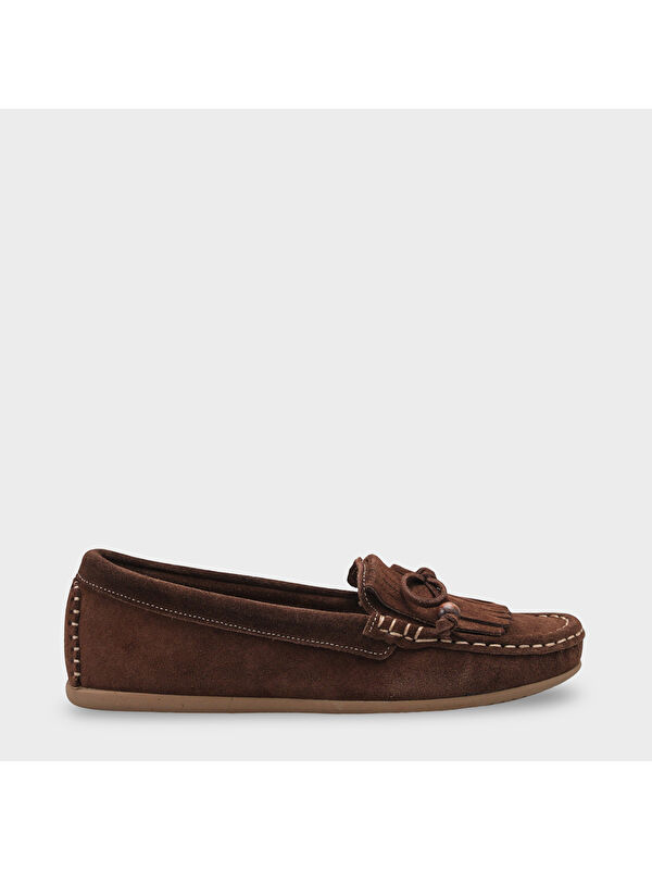 Capone Outfitters Almire Hakiki Deri Süet Boncuklu Püsküllü Konfor Kadın Loafer Ayakkabı