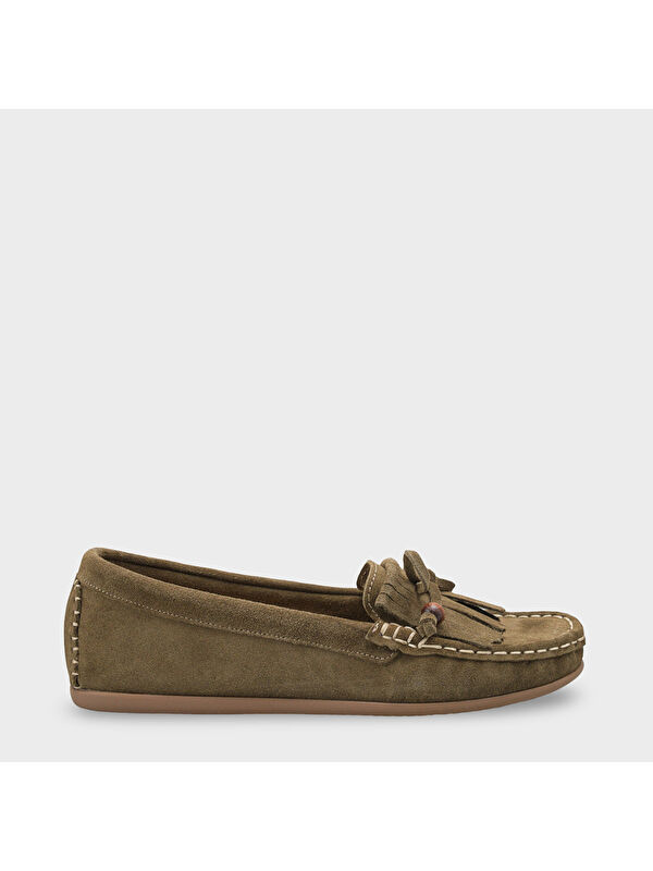 Capone Outfitters Almire Hakiki Deri Süet Boncuklu Püsküllü Konfor Kadın Loafer Ayakkabı