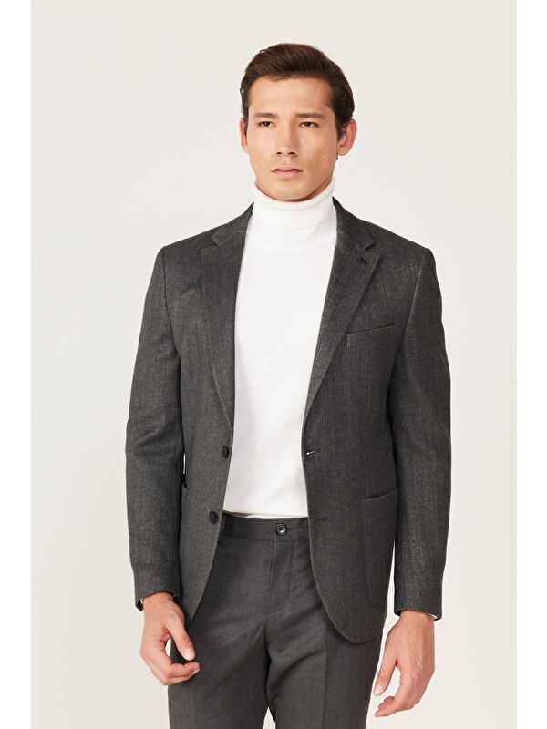 Altınyıldız Classics Erkek Antrasit  Dar Kesim Mono Yaka Desenli Yünlü Blazer Ceket