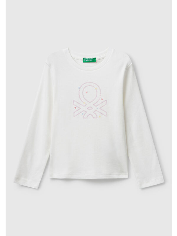United Colors Of Benetton Kız Çocuk Beyaz Önü Parıltılı Logo Baskılı Slim Fit Uzun Kollu T-shirt