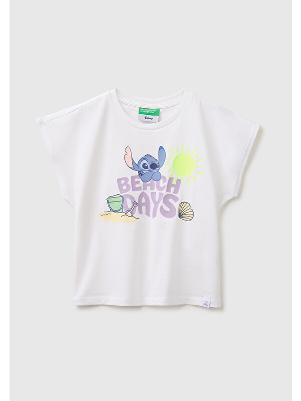 United Colors Of Benetton Kız Bebek Beyaz Lilo & Stitch Baskı Detaylı Bisiklet Yaka T-Shirt