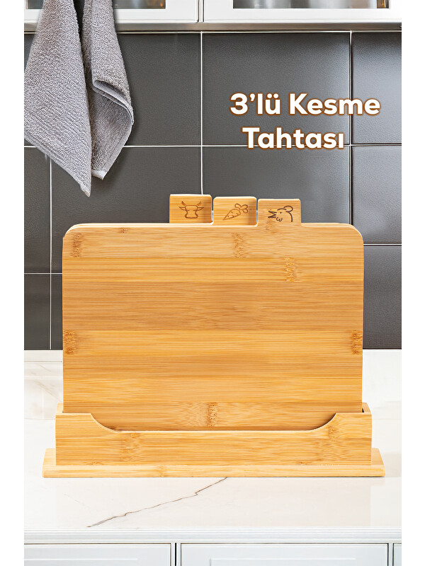 Porsima 16668 Piero Bambu 3lü Standlı Kesme Tahtası Seti Kesim Panosu Ahşap Kesme Tahtası 32cm