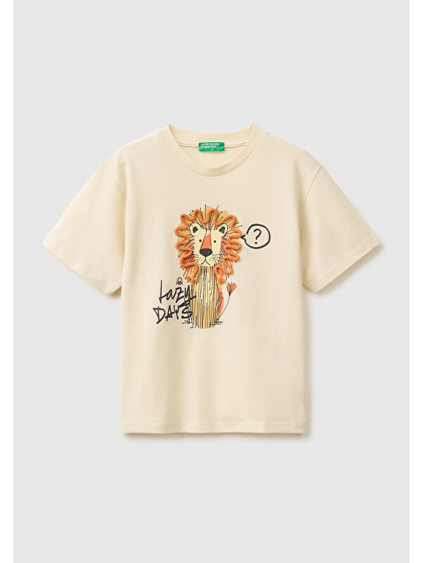 United Colors Of Benetton Erkek Bebek Krem Baskı ve Aplike Detaylı Bisiklet Yaka T-Shirt