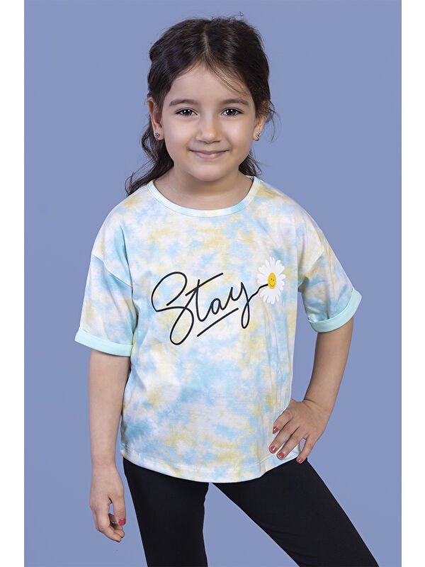 Toontoykids Kız Çocuk Bisiklet Yaka Kol Ucu Katlamalı Kısa Kollu Batik Desenli Baskılı Tişört 11248
