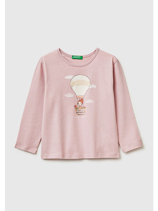 United Colors Of Benetton Kız Çocuk Gül Kurusu Baskılı Uzun Kollu Bisiklet Yaka T-Shirt
