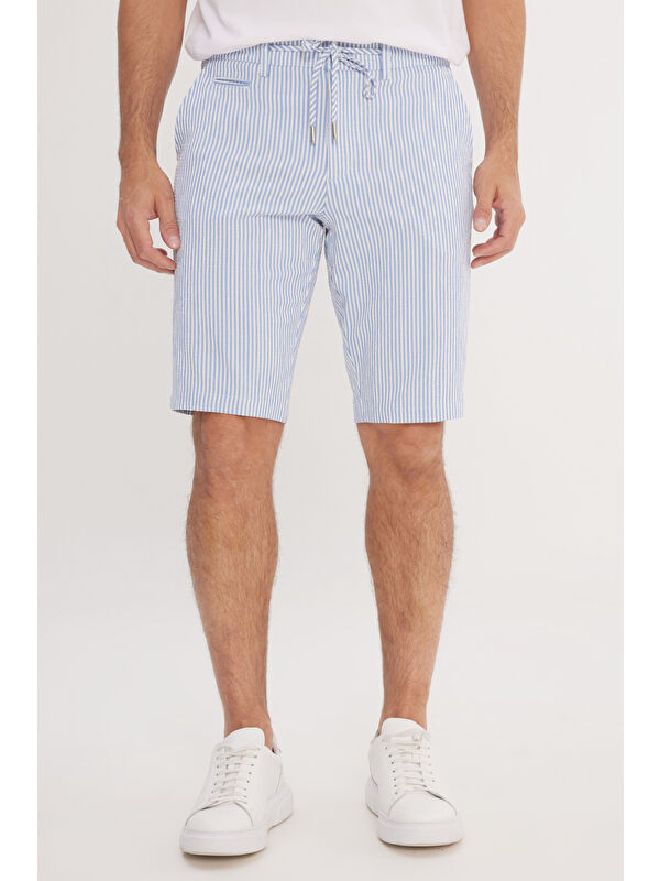Altınyıldız Classics Erkek Beyaz-Mavi Slim Fit Dar Kesim Yan Cepli Gofre Desenli Şort